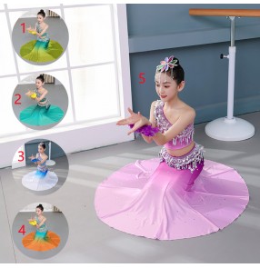 Dai Peacock dance mermaid dresses for girls kids blue purple orange color Thailand belly dance costumes art examination exercise uniforms for children